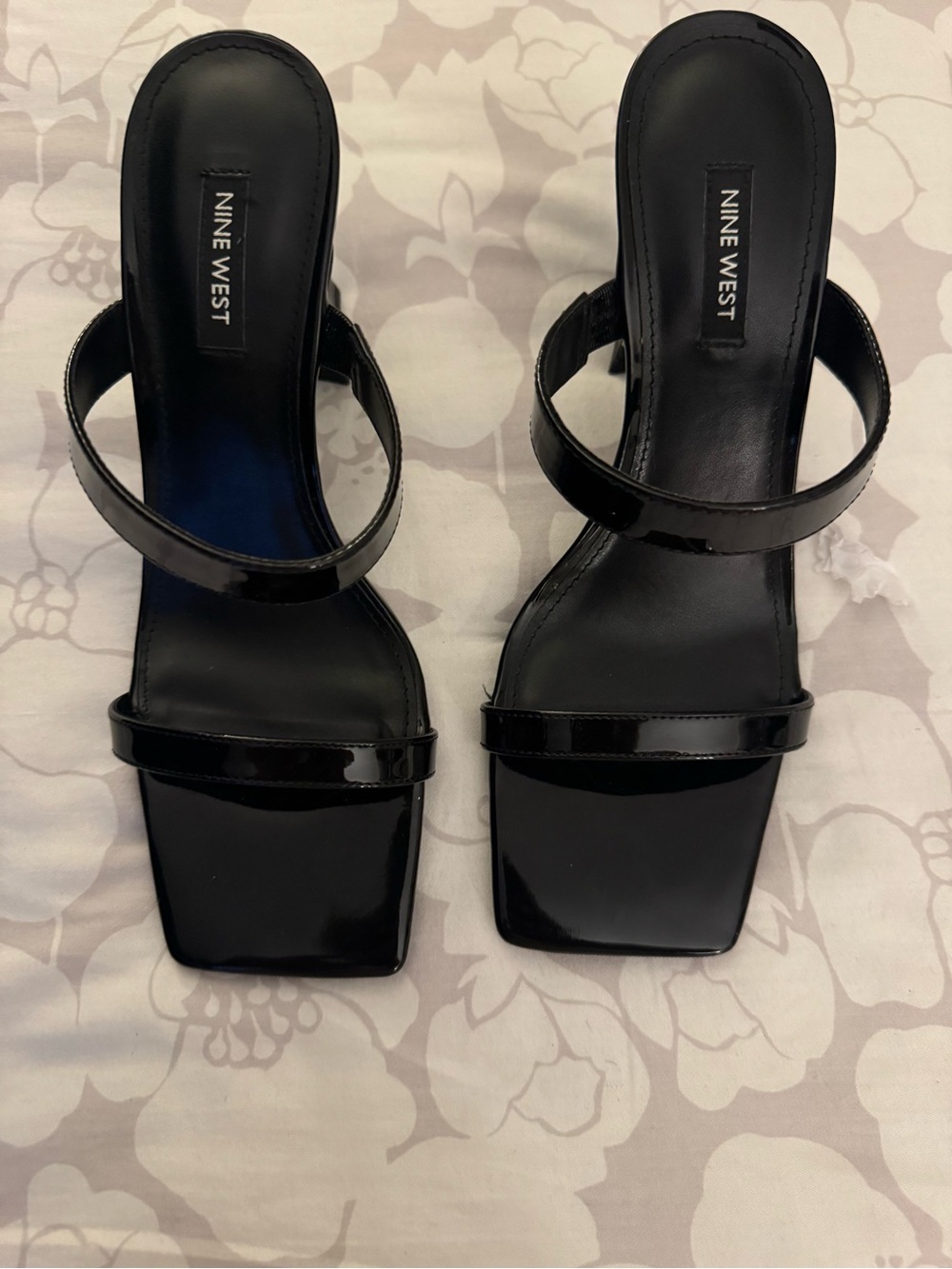 Nine West Black Patent Double-Strap Square-Toe Mule Heels